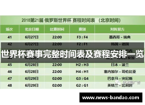 世界杯赛事完整时间表及赛程安排一览