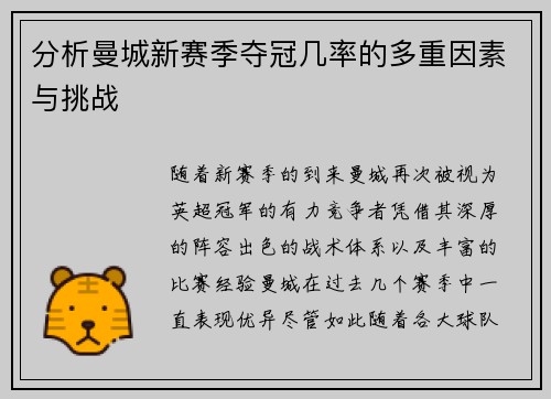 分析曼城新赛季夺冠几率的多重因素与挑战