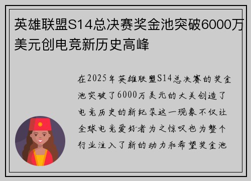 英雄联盟S14总决赛奖金池突破6000万美元创电竞新历史高峰