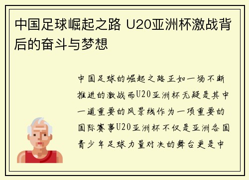 中国足球崛起之路 U20亚洲杯激战背后的奋斗与梦想