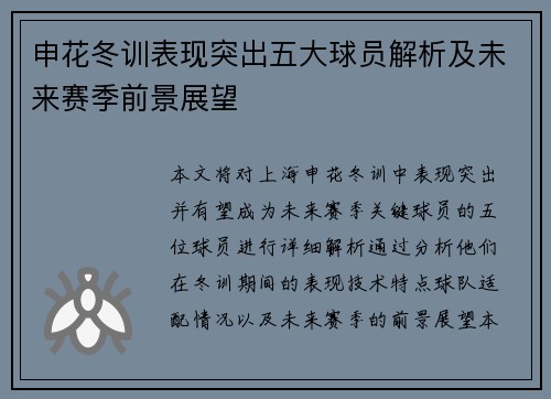 申花冬训表现突出五大球员解析及未来赛季前景展望