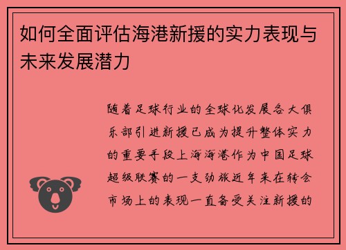 如何全面评估海港新援的实力表现与未来发展潜力